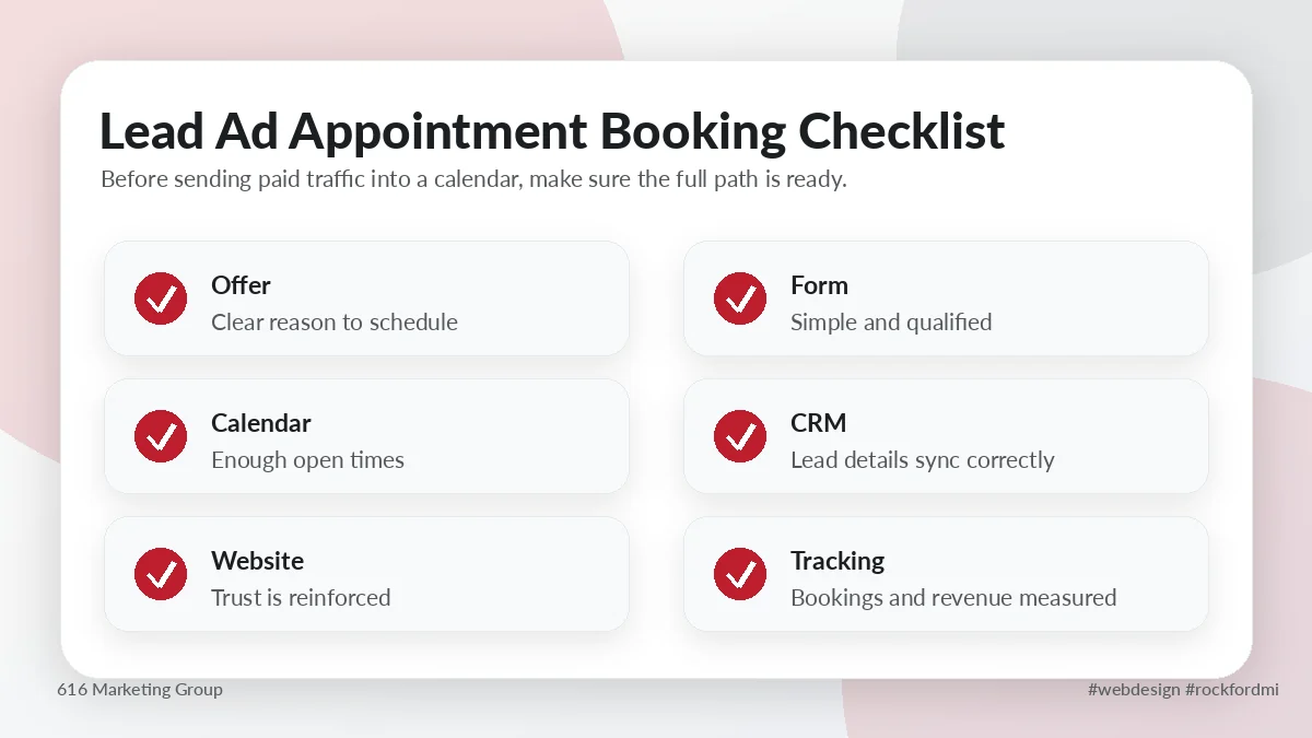 Lead ad appointment booking checklist for small service businesses.