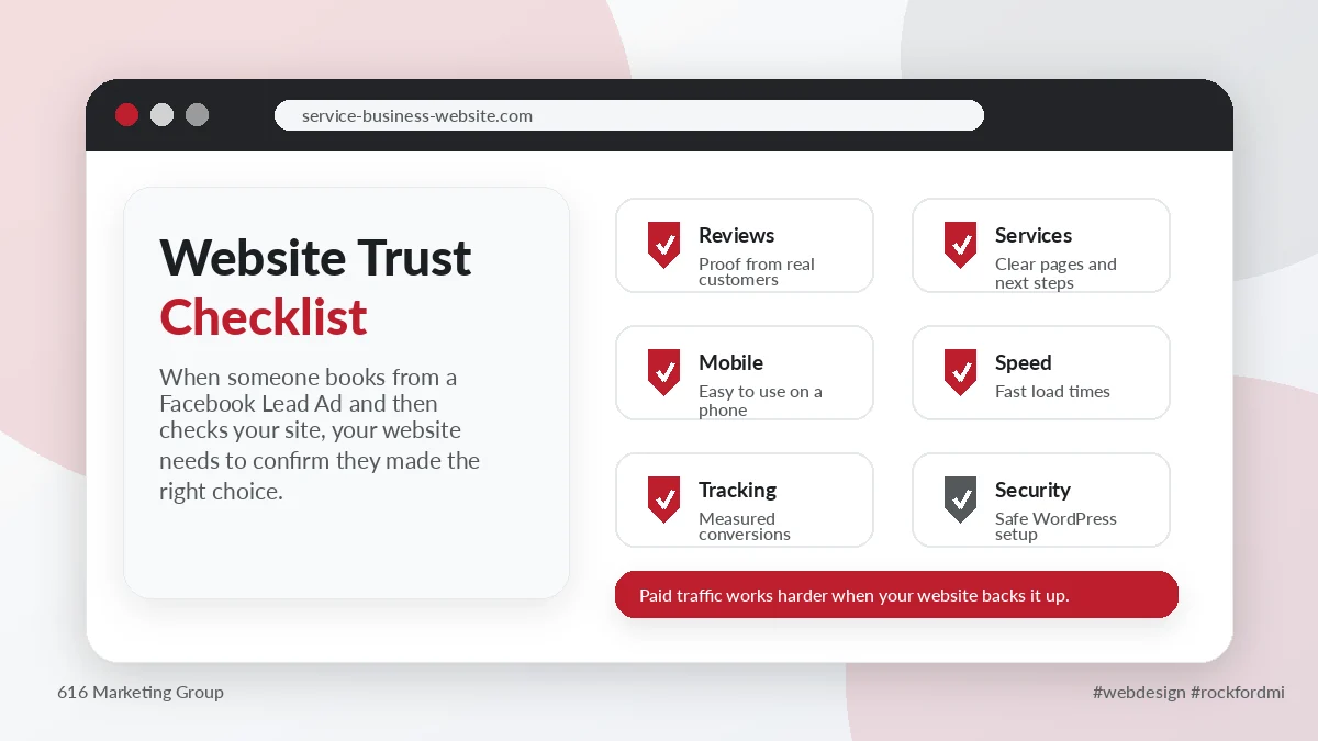 Website trust checklist for service businesses using Facebook Lead Ads and digital marketing.